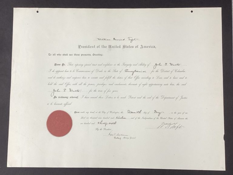 William Taft Signed Appointment President John Wurts Autograph 5/11/1912 BAS