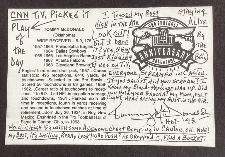 Tommy McDonald Signed Postcard HOF 1998 Football Letter Eagles Autograph JSA