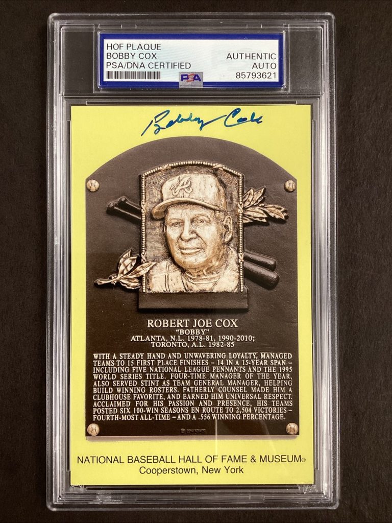 Bobby Cox Signed Gold HOF Plaque Postcard Yellow Braves Autograph PSA/DNA