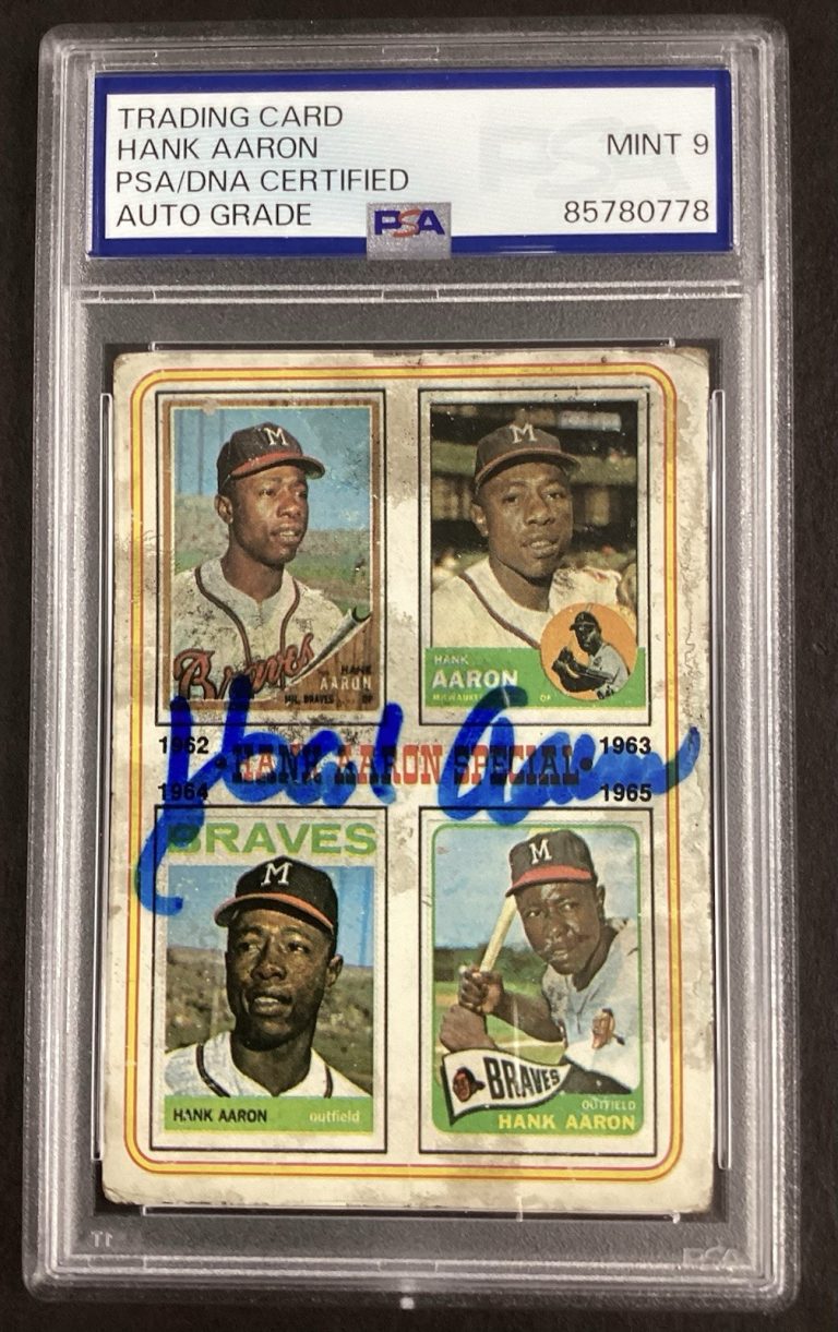 Hank Aaron Signed 1974 Topps #4 Baseball Card DAMAGE HOF Auto PSA/DNA MINT 9