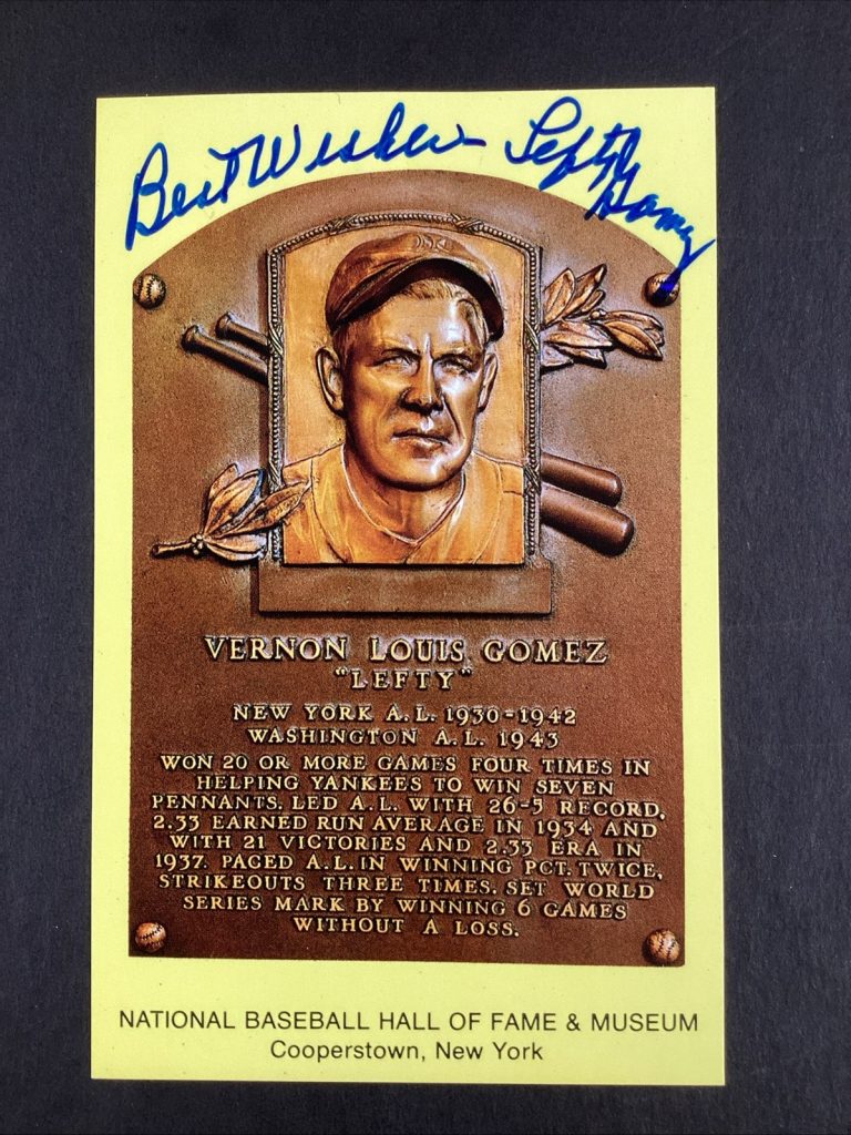 Lefty Gomez Signed Gold HOF Plaque Postcard Yellow NY Yankees Autograph JSA