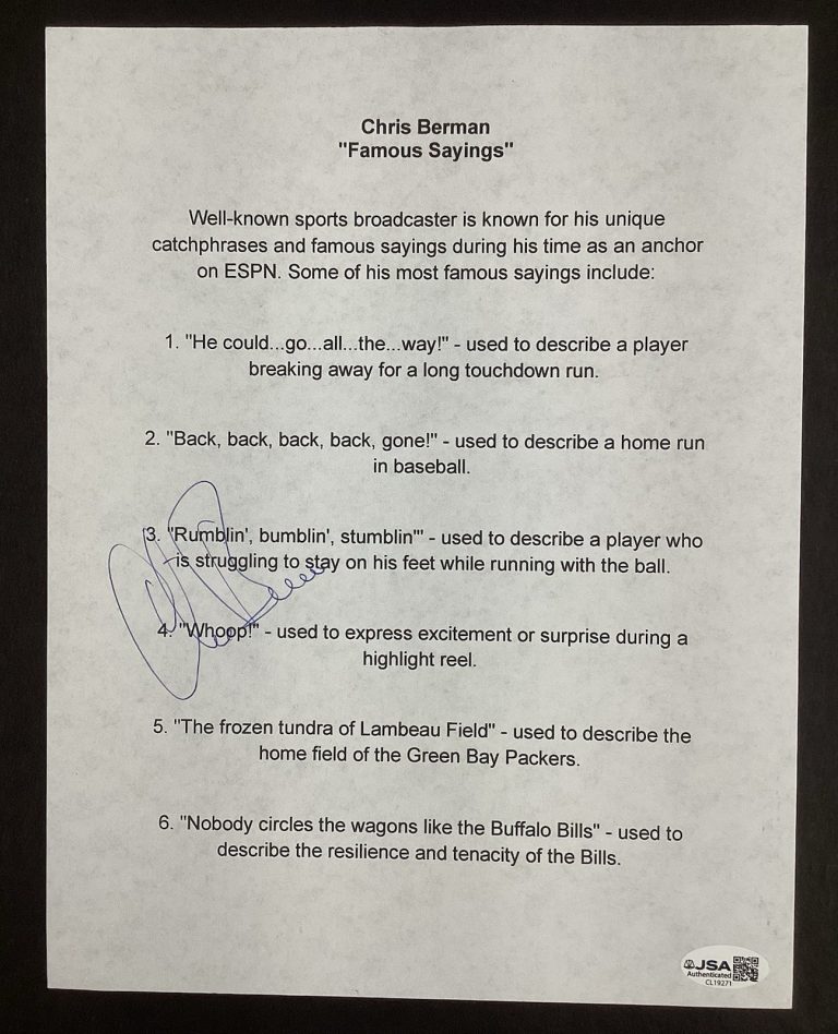 Chris Berman “Boomer” Signed “Famous Sayings” ESPN SportsCenter Autograph JSA