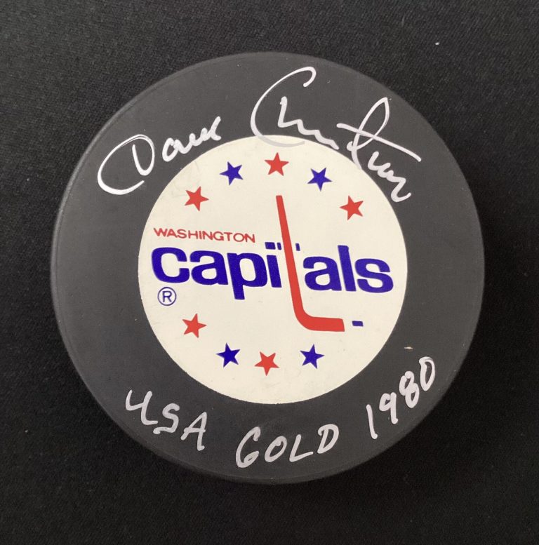 Dave Christian Signed Hockey Puck NHL Capitals Autograph USA Gold 1980 Inscr JSA
