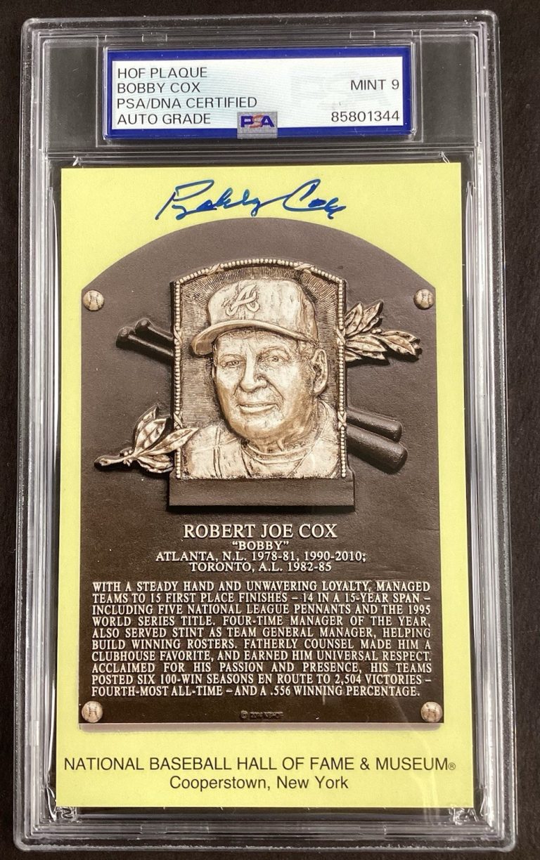 Bobby Cox Signed Gold HOF Plaque Postcard Yellow HOF Braves Auto PSA/DNA Mint 9