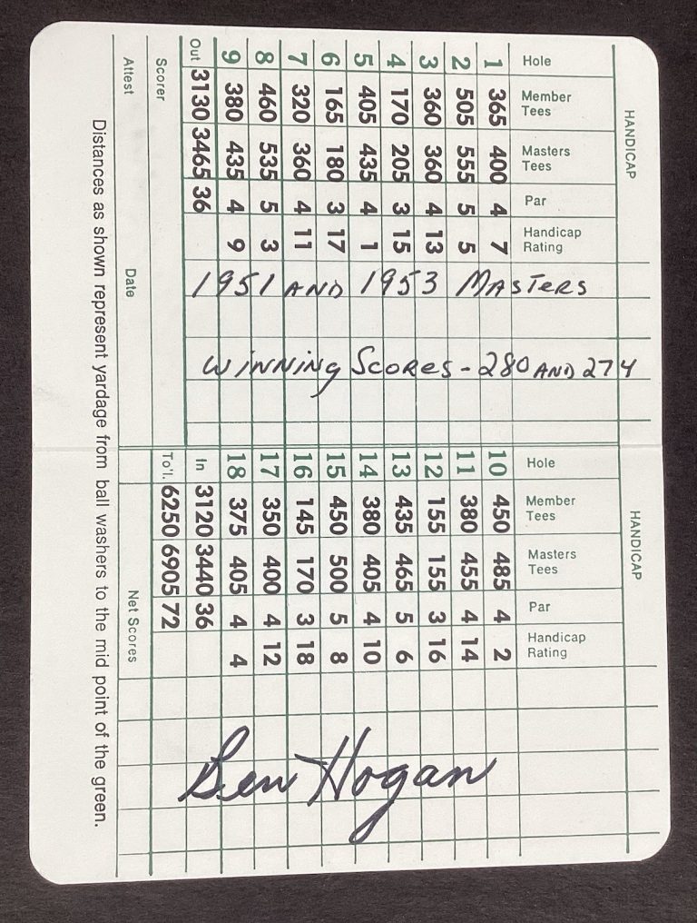 Ben Hogan Signed Masters Scorecard Golf Grand Slam Gene Sarazen Autograph JSA