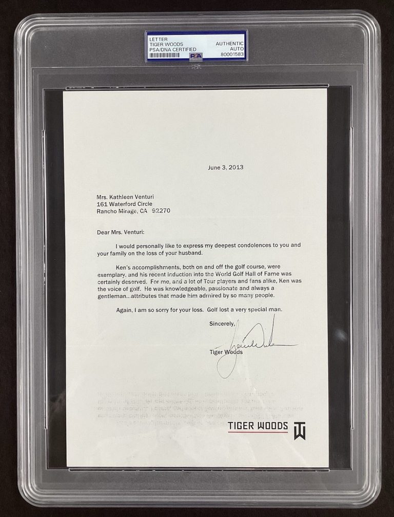 Tiger Woods Signed Condolence Letter Ken Venturi Golf PGA HOF Autograph PSA/DNA