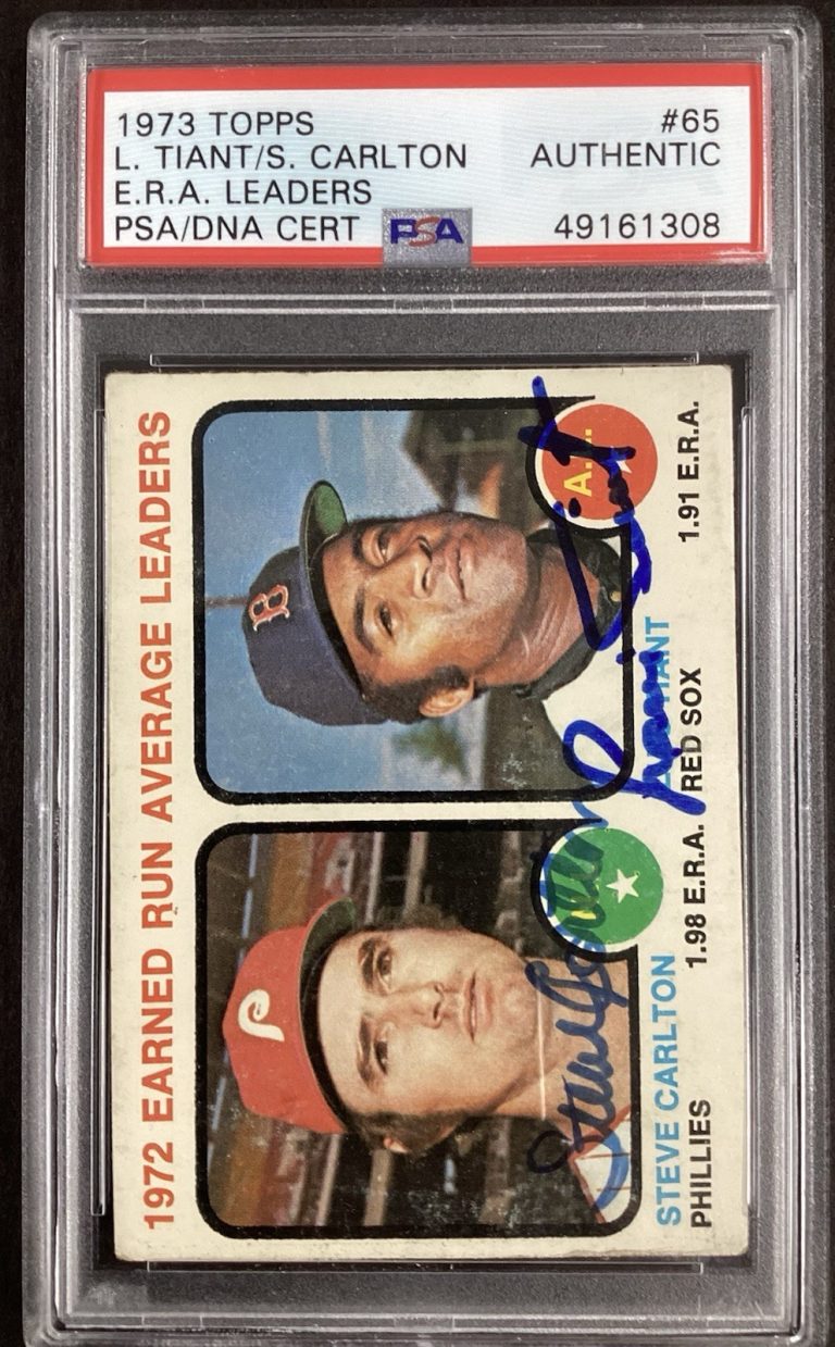 Steve Carlton Signed 1973 Topps #65 Card Luis Tiant Autograph HOF PSA/DNA