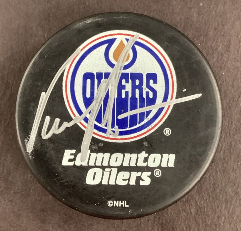 Vincent Damphousse Signed Hockey Puck Edmonton Oilers Autograph TPG