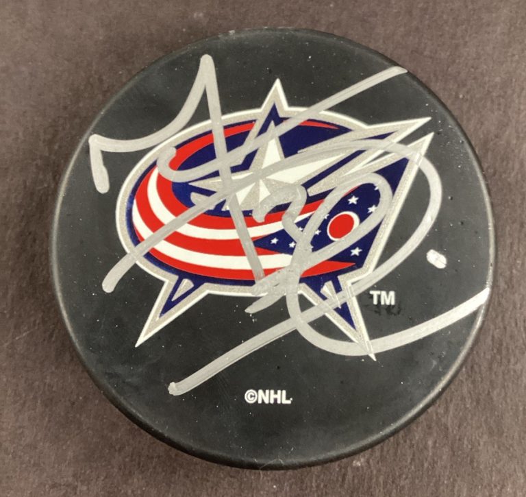 Marc Dennis Signed Hockey Puck NHL Columbus Blue Jackets Autograph TPG