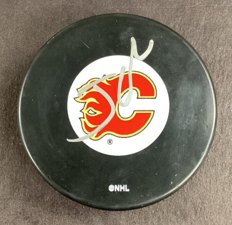 Johnny Gaudreau Signed Hockey Puck NHL Calgary Flames Autograph JSA #1