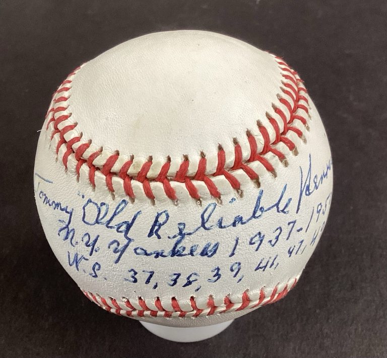 Tommy Henrich Signed Baseball STATS NY Yankees Autograph Inscription JSA