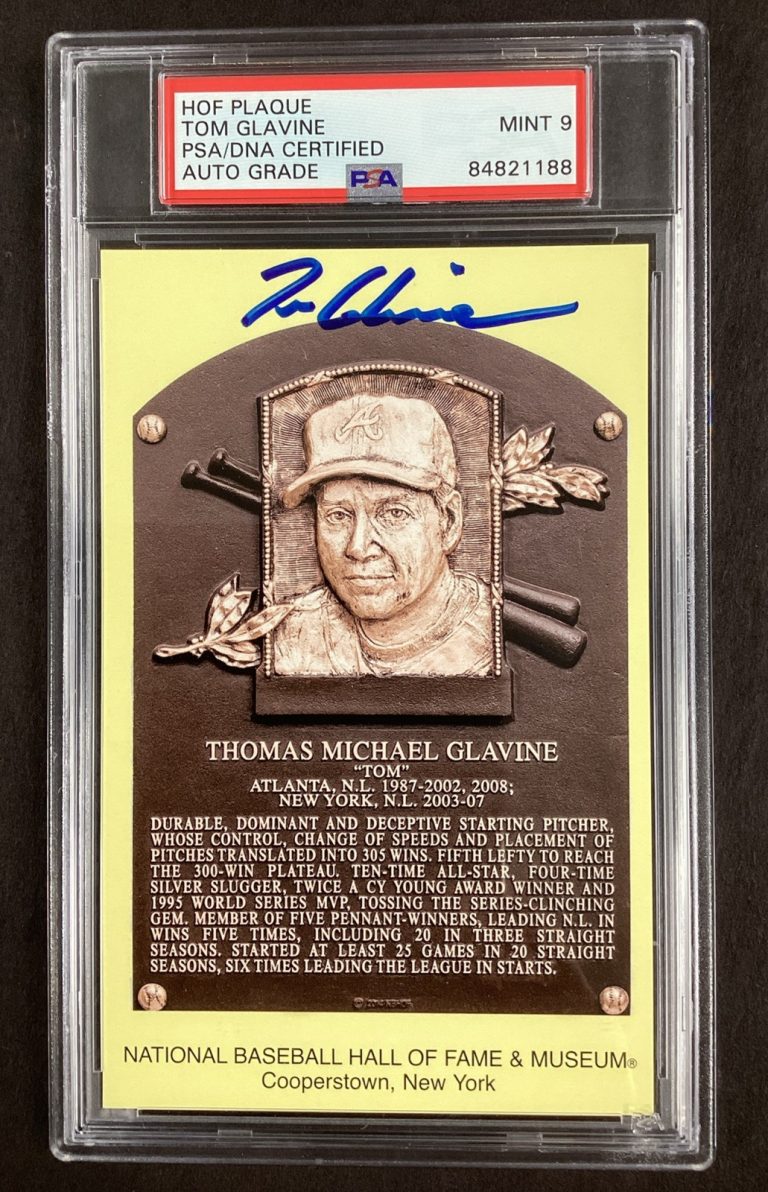 Tom Glavine Signed Gold HOF Plaque Postcard Yellow Braves Auto Mint 9 PSA/DNA