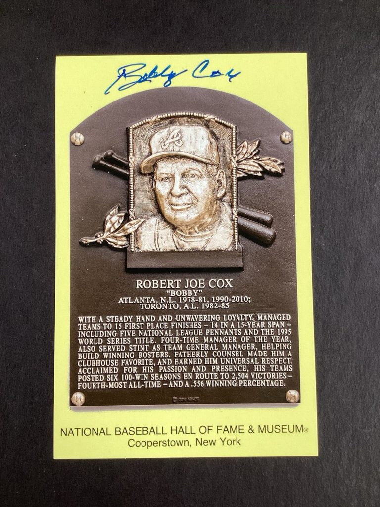 Bobby Cox Signed Gold HOF Plaque Postcard Yellow HOF Braves Autograph JSA