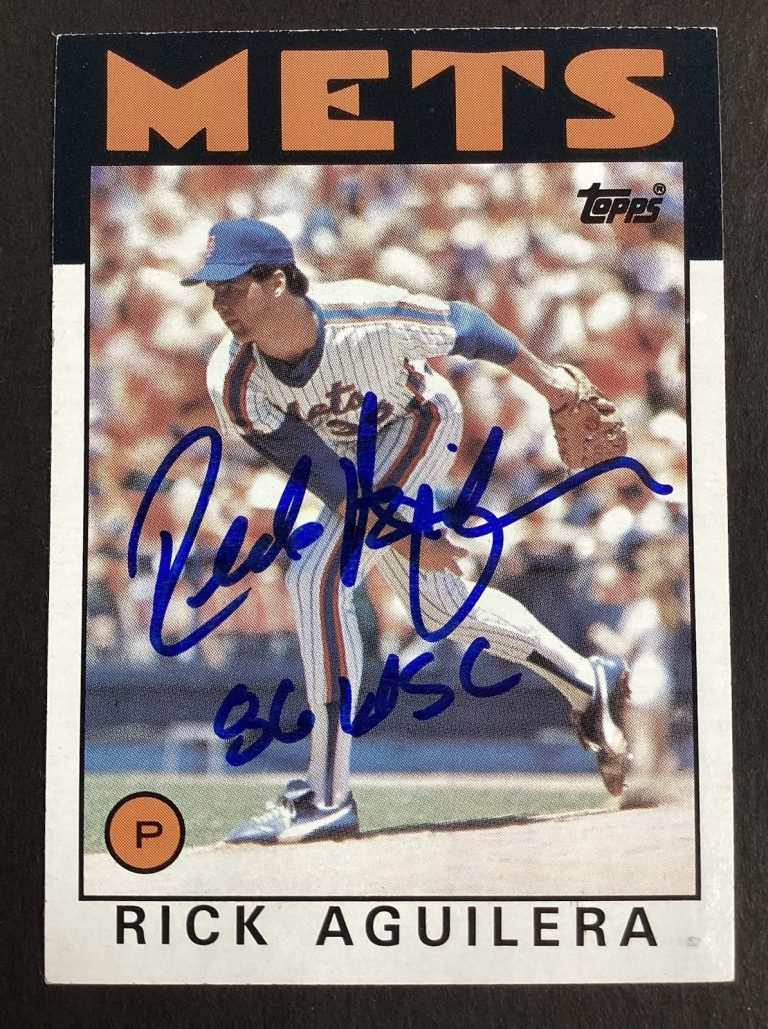 Rick Aguilera Signed 1986 Topps #599 Baseball Card 86 WSC Inscrip Mets Auto JSA