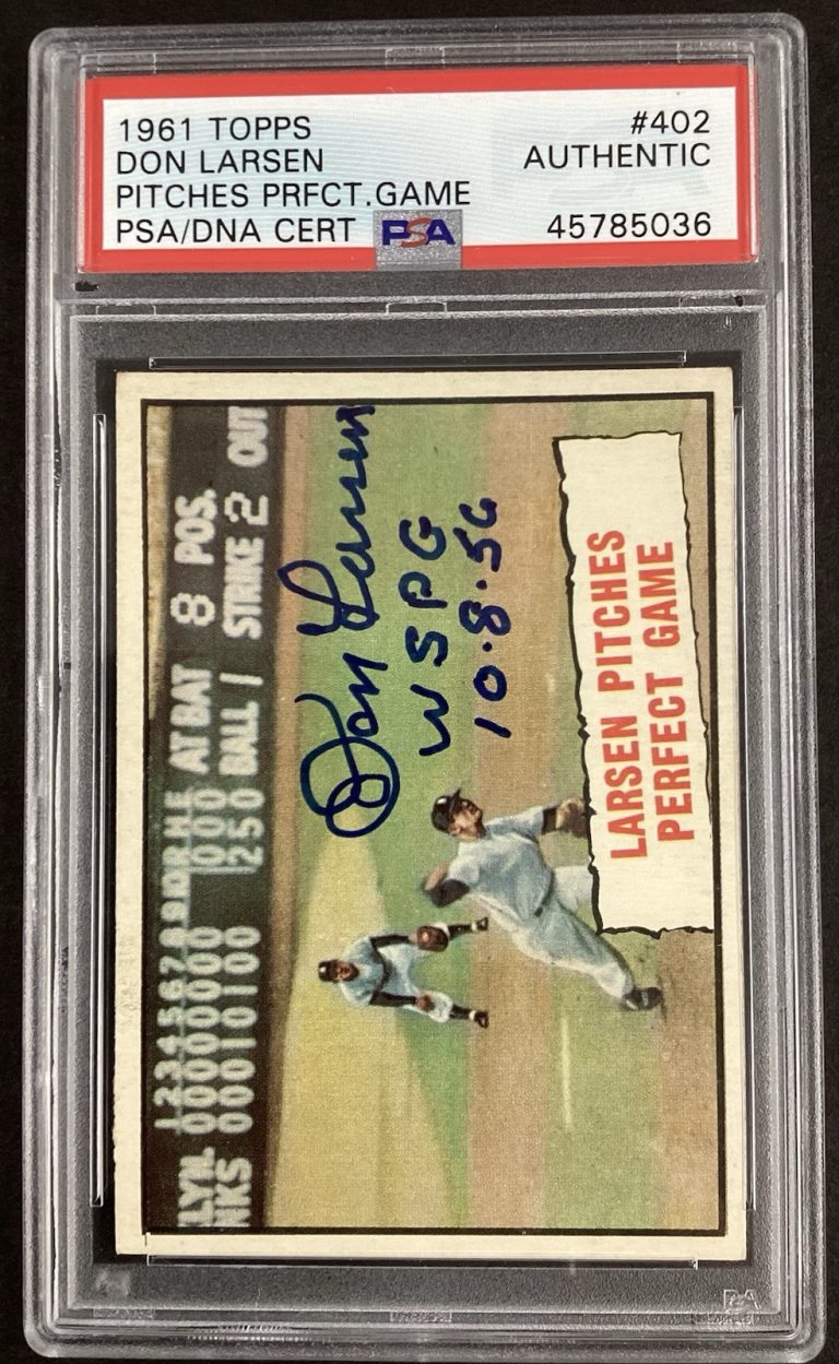 Don Larsen Signed 1961 Topps #402 Baseball Card WSPG 10-8-56 Auto Giants NYY PSA