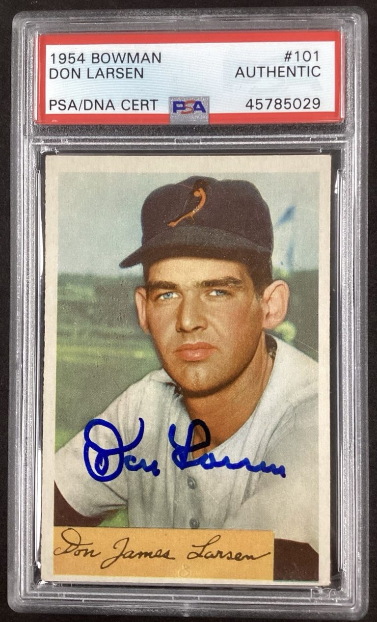 Don Larsen Signed 1954 Bowman #101 Rookie Baseball Card RC Orioles Yankees PSA