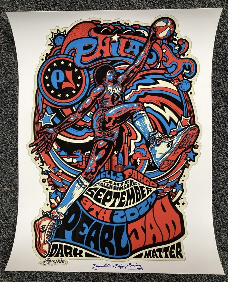 Julius Erving Signed Pearl Jam Poster Ames Philadelphia 9/9/24 Autograph BAS