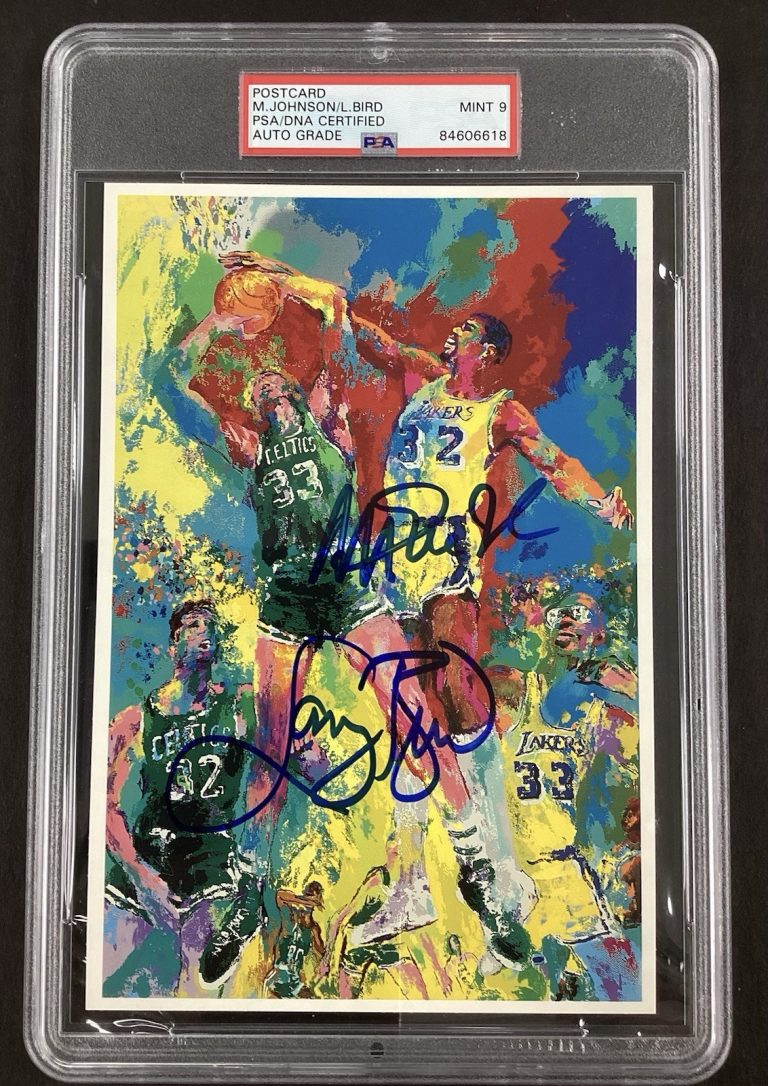 Magic Johnson Signed LeRoy Neiman Postcard Larry Bird Lakers PSA/DNA MINT 9