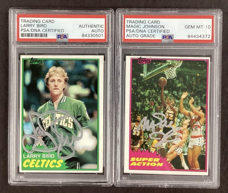 Larry Bird + Magic Johnson Signed 1981 Topps Rookie Card Pair Auto PSA/DNA MJ 10