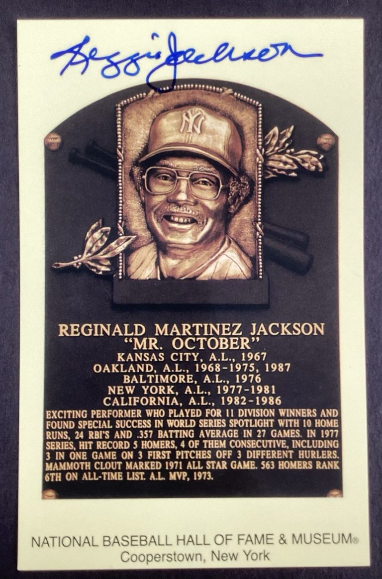 Reggie Jackson Signed Gold HOF Plaque Postcard Yellow NY Yankees Autograph JSA