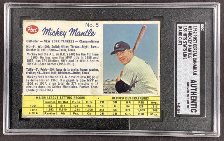 1962 Post Cereal #5 Mickey Mantle Hand Cut NY Yankees HOF SGC Authentic