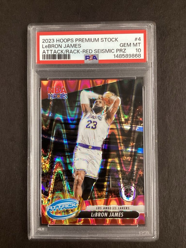 2023 Hoops Premium Stock 4 Lebron James Attack the Rack Red Seismic /199 PSA 10