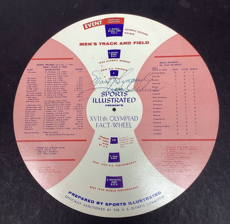 Jesse Owens signed 1960 Sports Illustrated Track Field Fact Wheel Auto JSA LOA