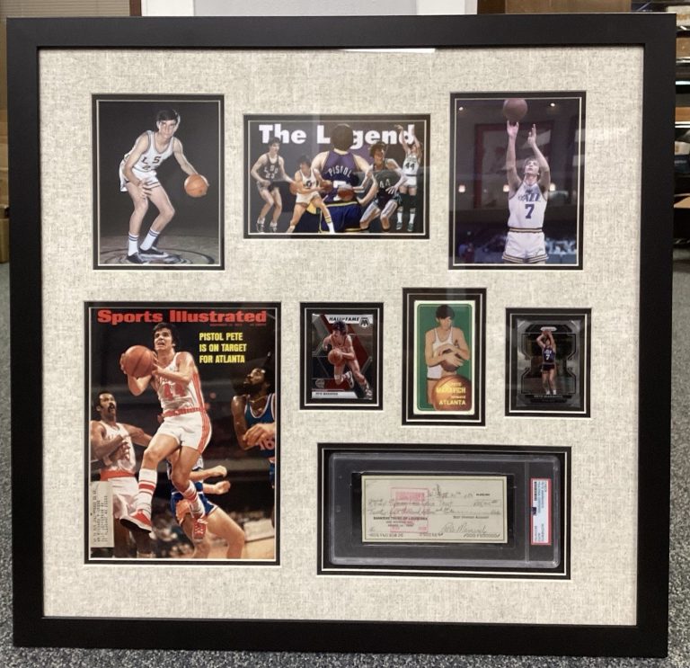 Pete Maravich Signed Check Basketball Collage Hawks Jazz HOF Autograph PSA DNA