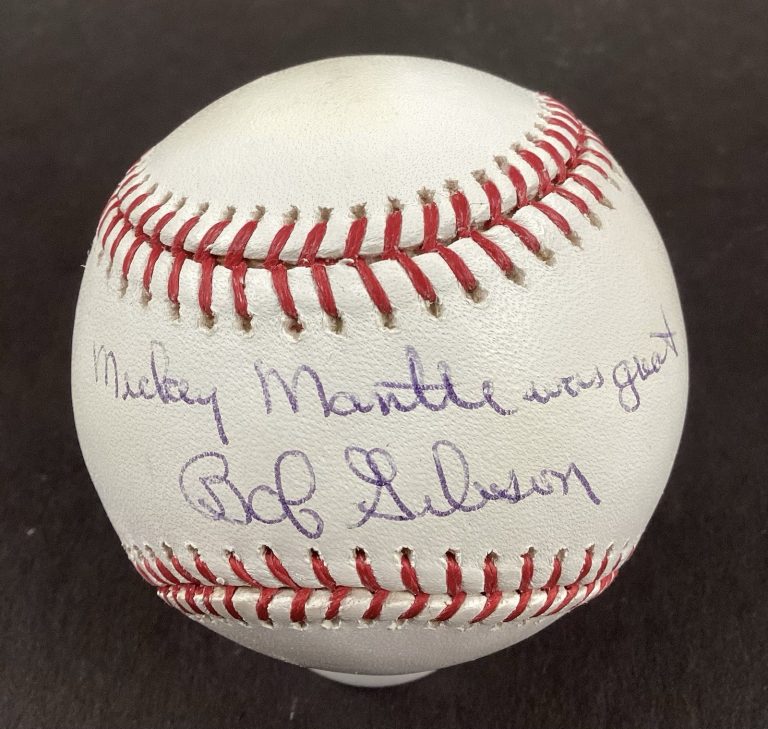 Bob Gibson Signed Baseball OMLB HOF Cardinals Mickey Mantle Inscr Autograph JSA