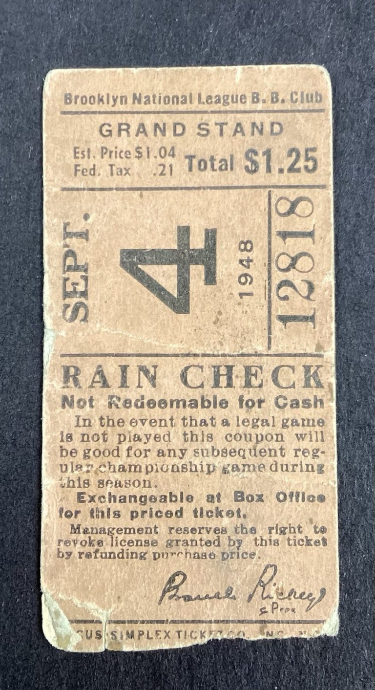 Giants Dodgers Ebbets Field Ticket Stub Jackie Robinson 0-3 Baseball 9/4/1948