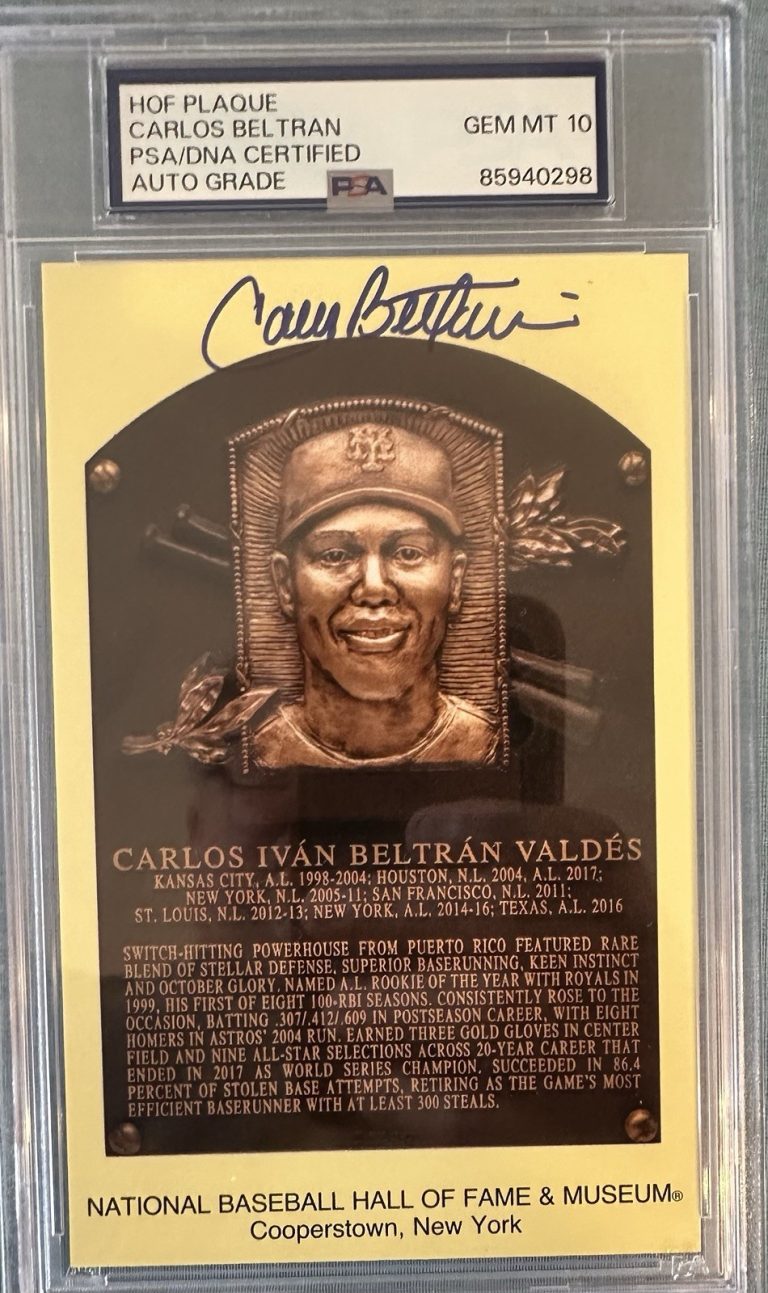 Carlos Beltran Signed Gold HOF Plaque Postcard Yellow Mets Autograph PSA/DNA 10