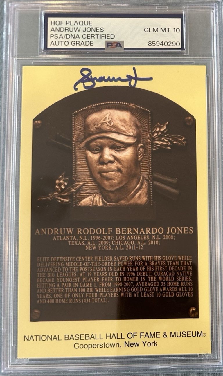 Andruw Jones Signed Gold HOF Plaque Postcard Yellow Braves Autograph PSA/DNA 10