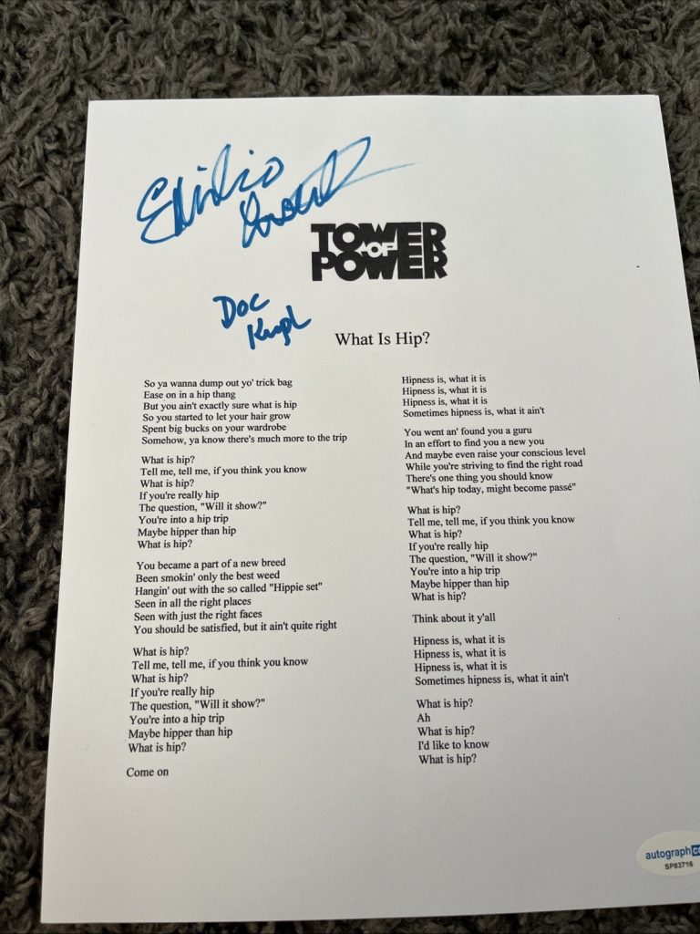 EMILIO CASTILLO & STEPHEN DOC KUPKA SIGNED AUTO LYRIC SHEET ACOA TOWER OF POWER
