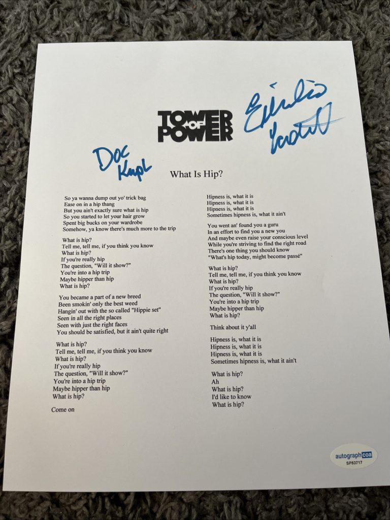EMILIO CASTILLO & STEPHEN DOC KUPKA SIGNED AUTO LYRIC SHEET ACOA TOWER OF POWER