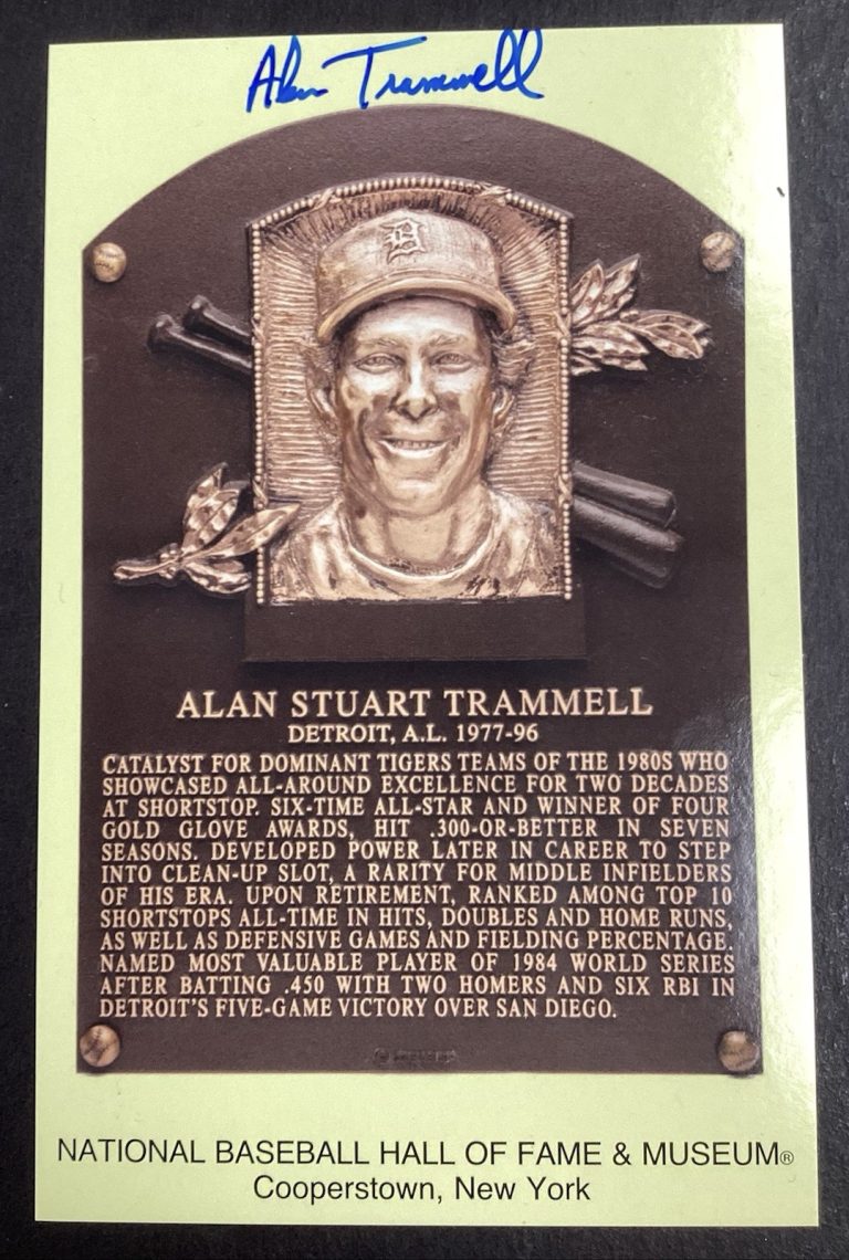 Alan Trammell Signed Gold HOF Plaque Postcard Yellow Autograph Tigers JSA