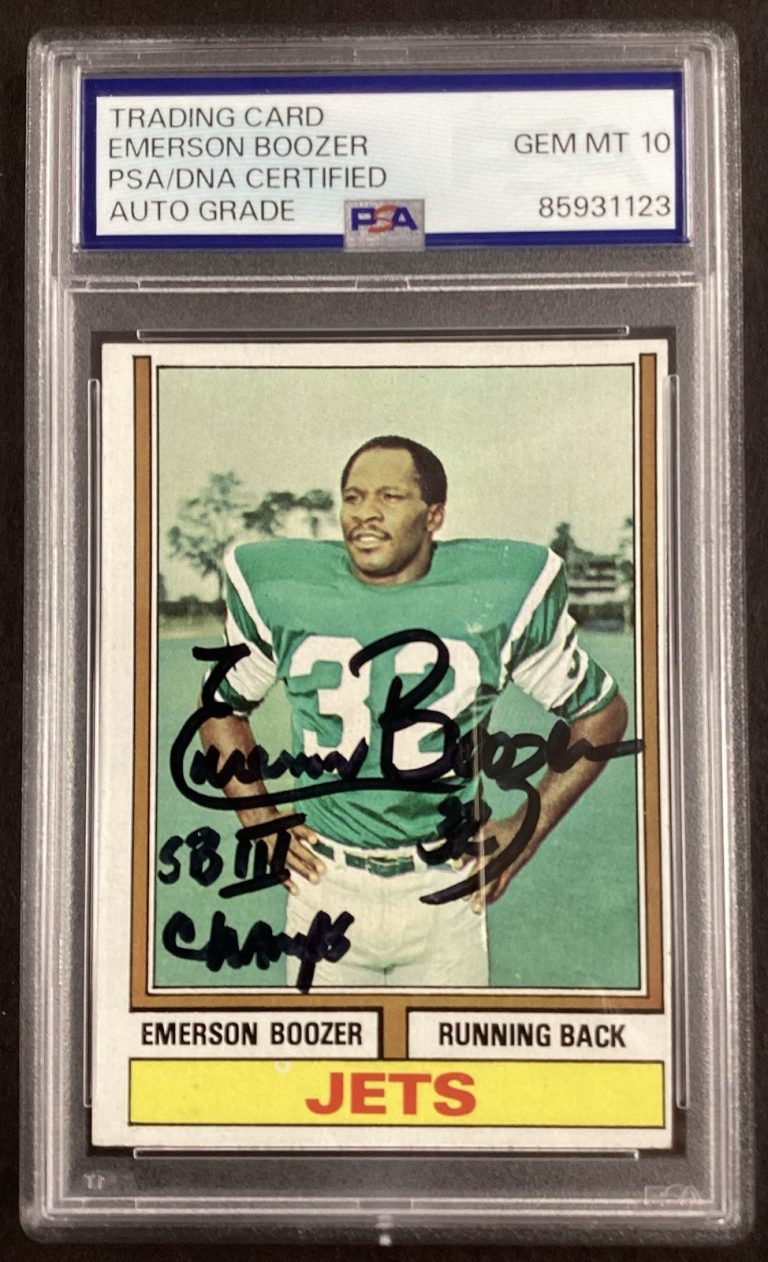 Emerson Boozer Signed 1974 Topps #495 Football Card Jets Autograph PSA/DNA 10