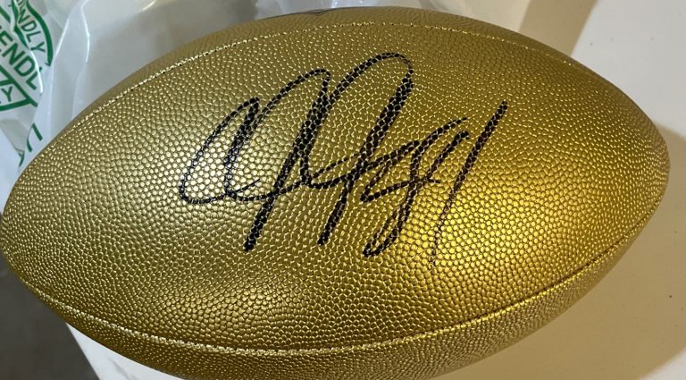 Calvin Johnson Detroit Lions signed NFL Gold Football  autographed JSA Duke Hof