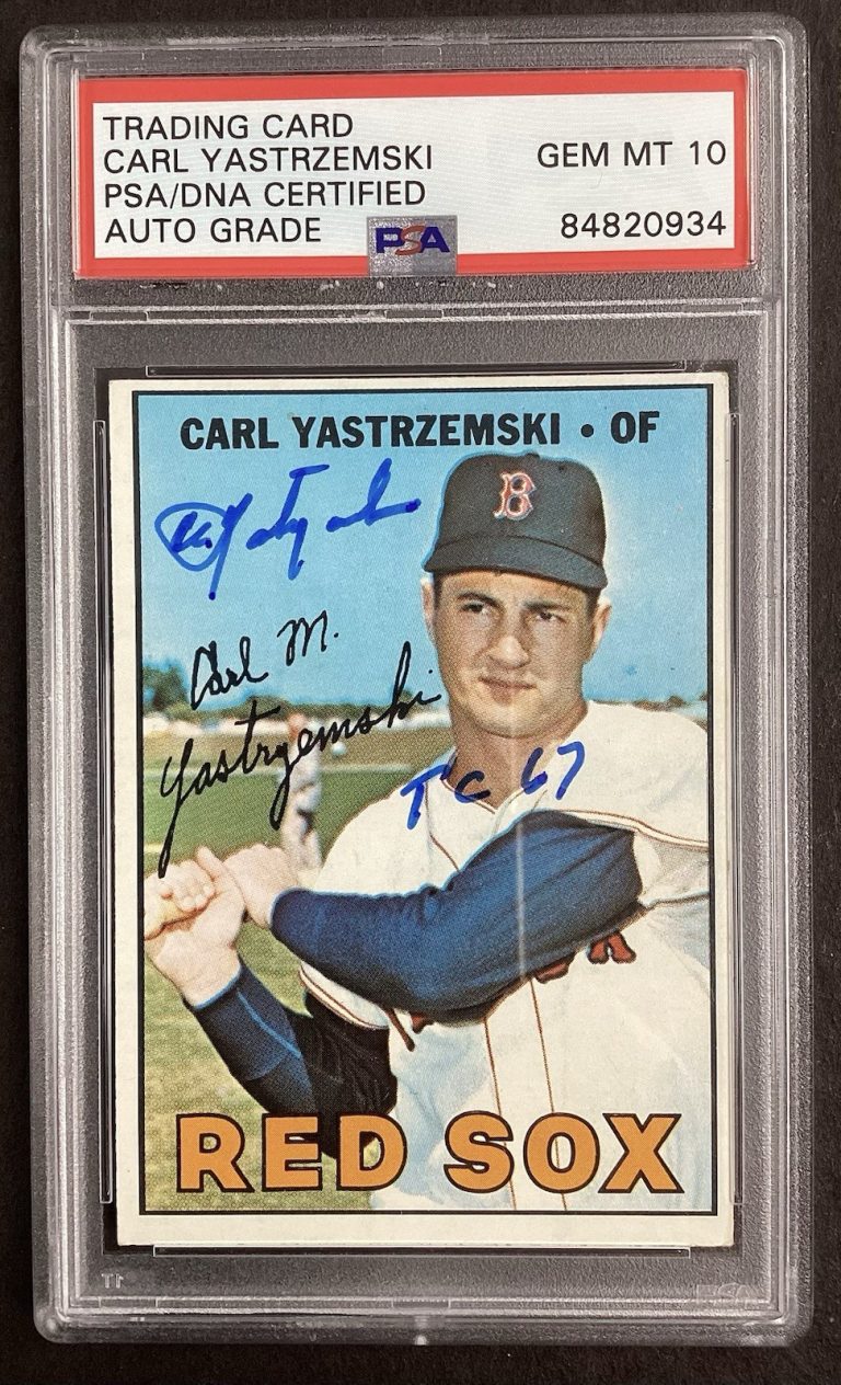 Carl Yastrzemski Signed 1967 Topps #355 Red Sox TC 67 Inscr HOF PSA/DNA Auto 10