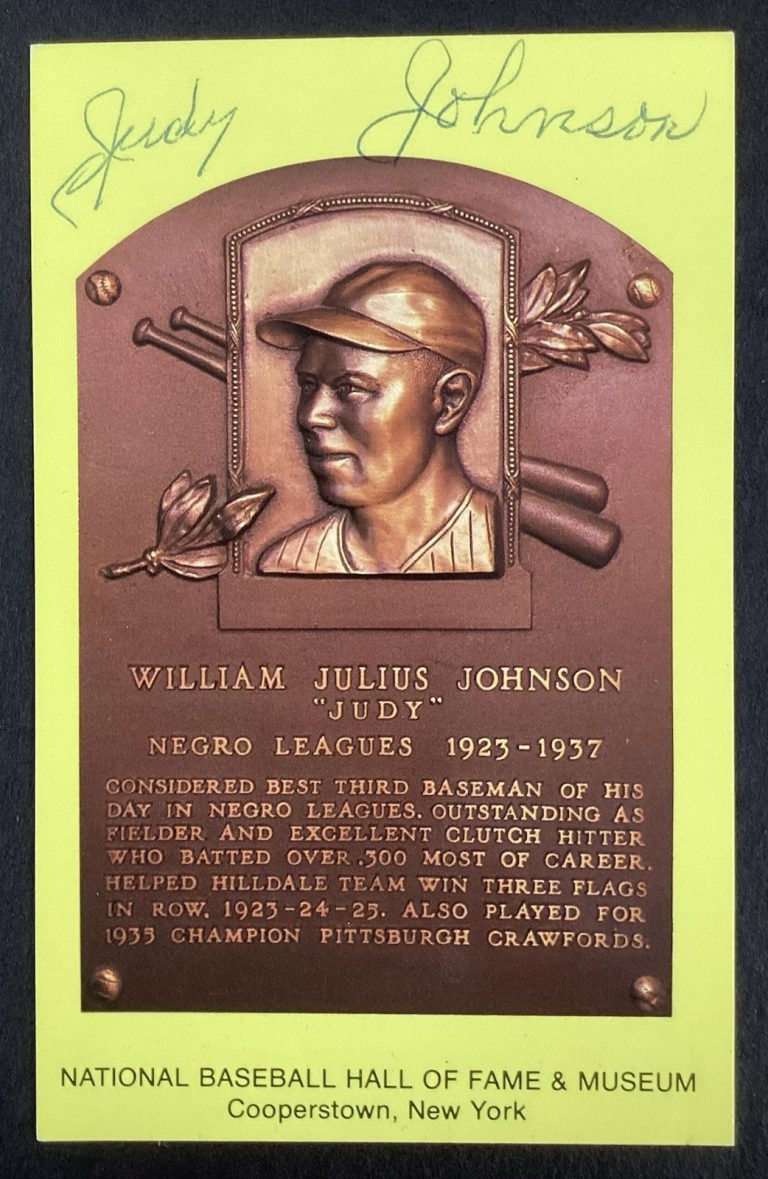 Judy Johnson Signed Gold HOF Plaque Postcard Yellow Negro Leagues Autograph JSA