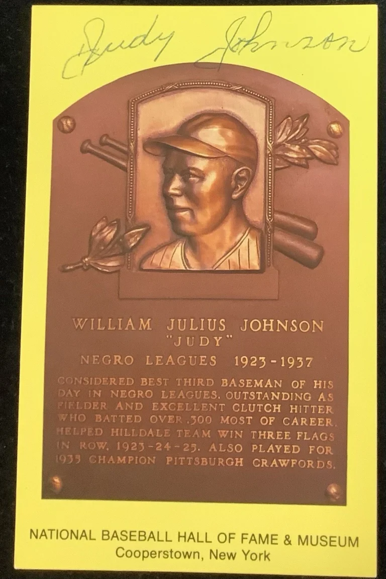 Judy Johnson Signed Gold HOF Plaque Postcard Yellow Negro Leagues Autograph JSA