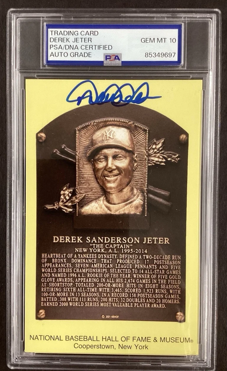 Derek Jeter Signed Gold HOF Plaque Postcard Yellow Autograph Yankees PSA/DNA 10