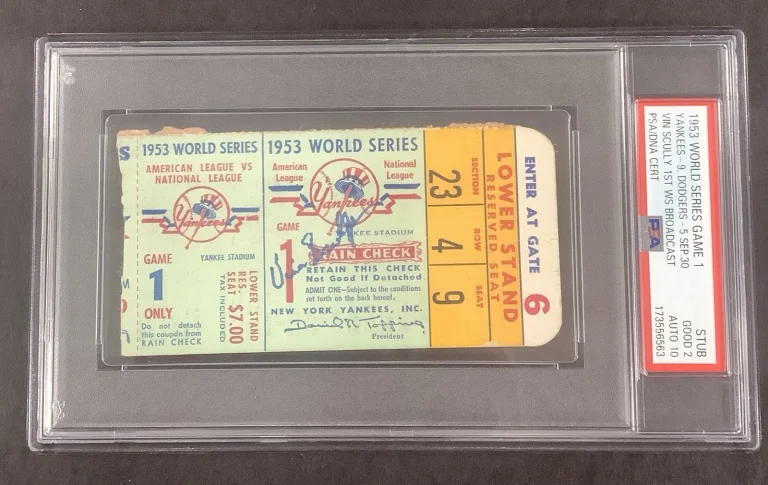 Vin Scully Signed Ticket 1953 1st WS Broadcast Baseball Autograph PSA/DNA 2/10