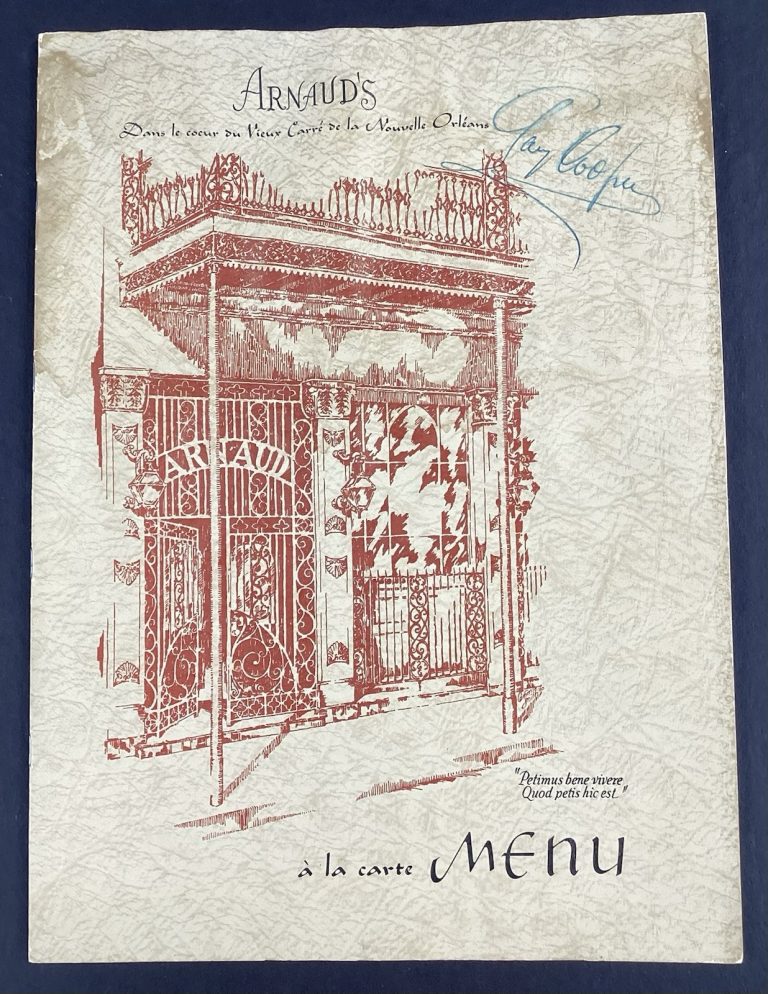 Gary Cooper Signed Vintage Arnaud’s Menu The Pride of the Yankees Actor Auto JSA