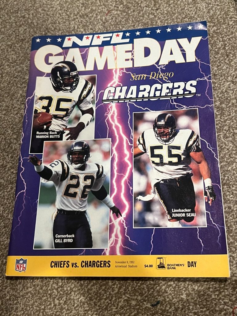FOOTBALL PROGRAM KANSAS CITY CHIEFS SAN DIEGO CHARGERS 11/8 1992 SEAU BYRD BUTTS