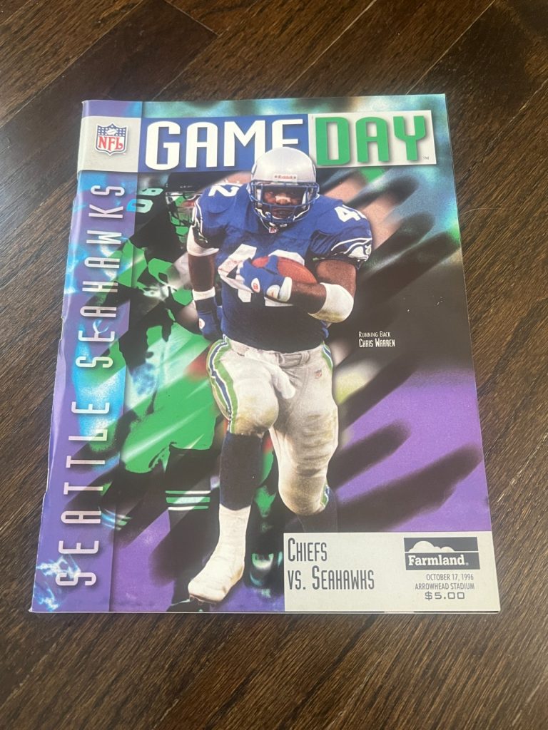 FOOTBALL PROGRAM KANSAS CITY CHIEFS SEATTLE SEAHAWKS 10/17 1996 CHRIS WARREN