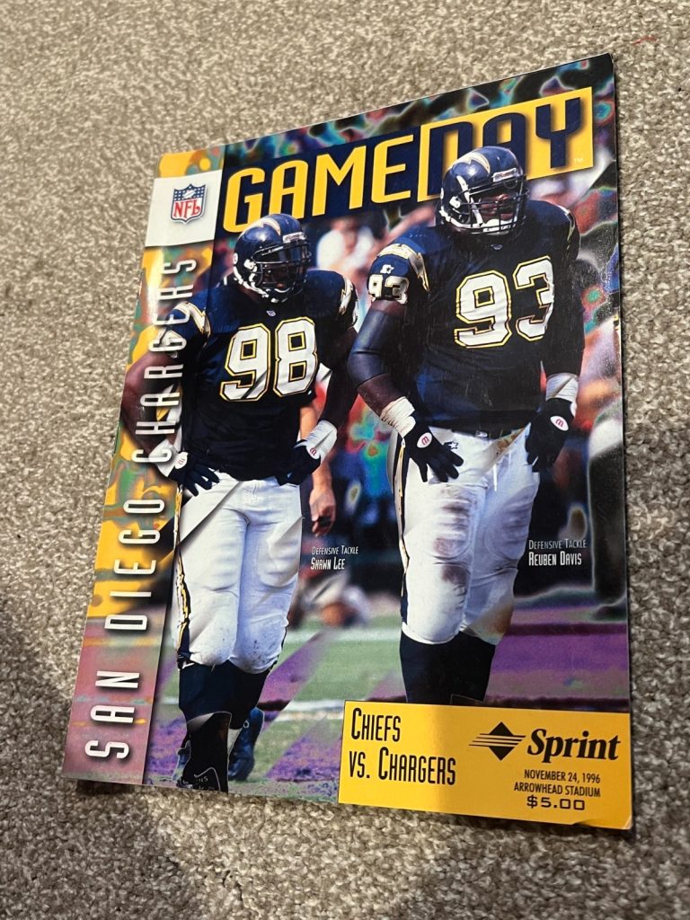 FOOTBALL PROGRAM KANSAS CITY CHIEFS SAN DIEGO CHARGERS 11/24 1996