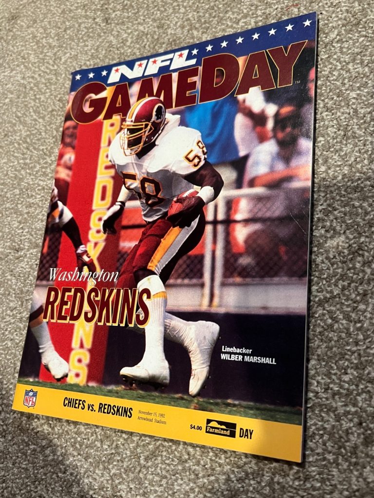 FOOTBALL PROGRAM KANSAS CITY CHIEFS WASHINGTON REDSKINS 11/15 1992