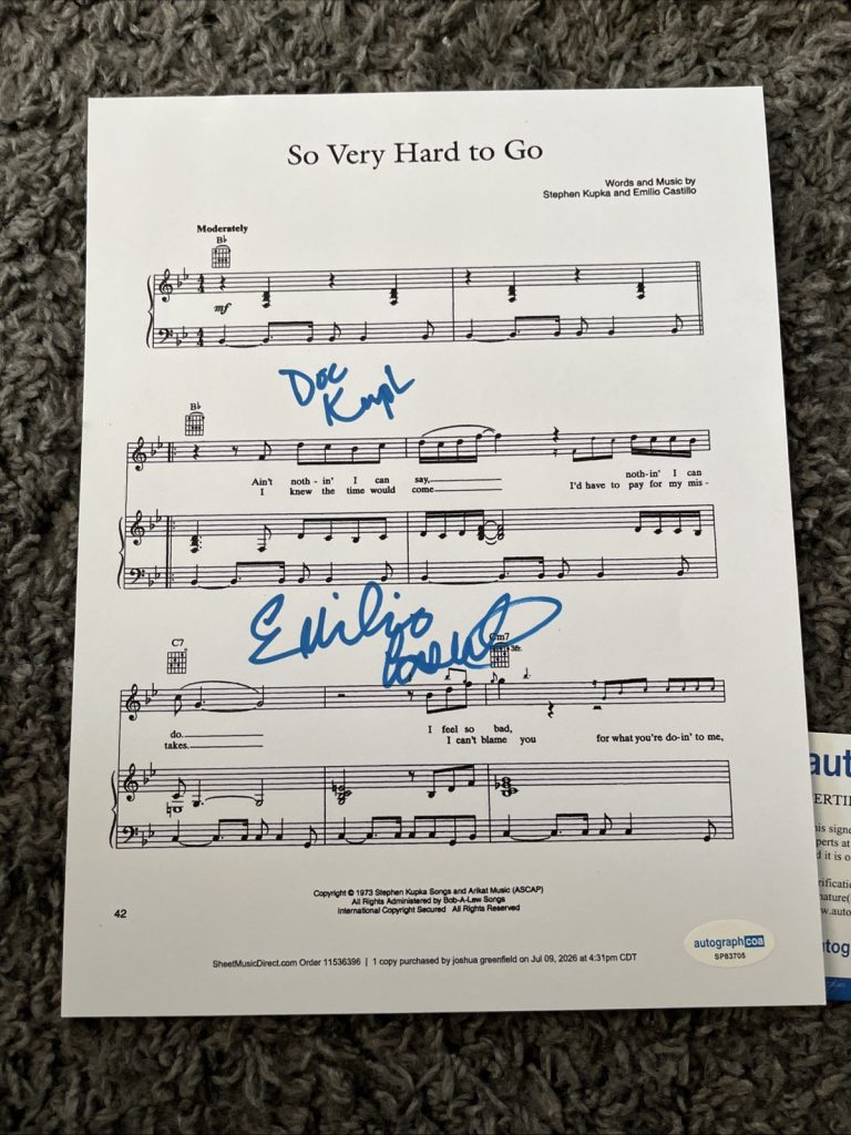 EMILIO CASTILLO & STEPHEN DOC KUPKA SIGNED AUTO LYRIC SHEET ACOA TOWER OF POWER