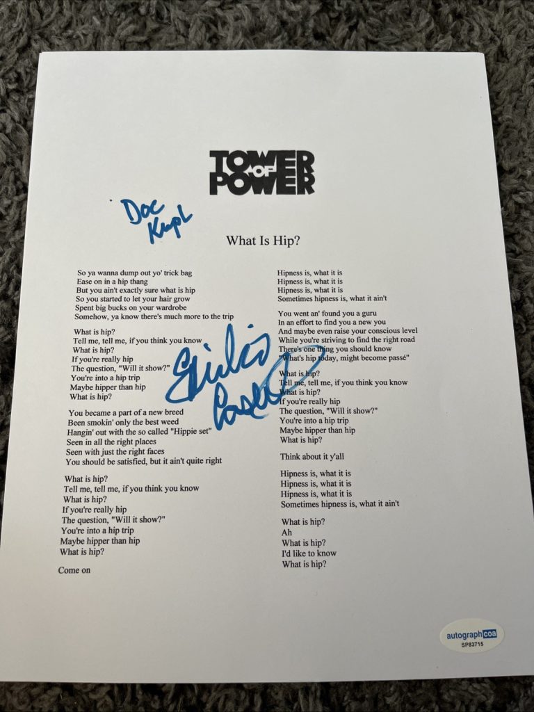 EMILIO CASTILLO & STEPHEN DOC KUPKA SIGNED AUTO LYRIC SHEET ACOA TOWER OF POWER