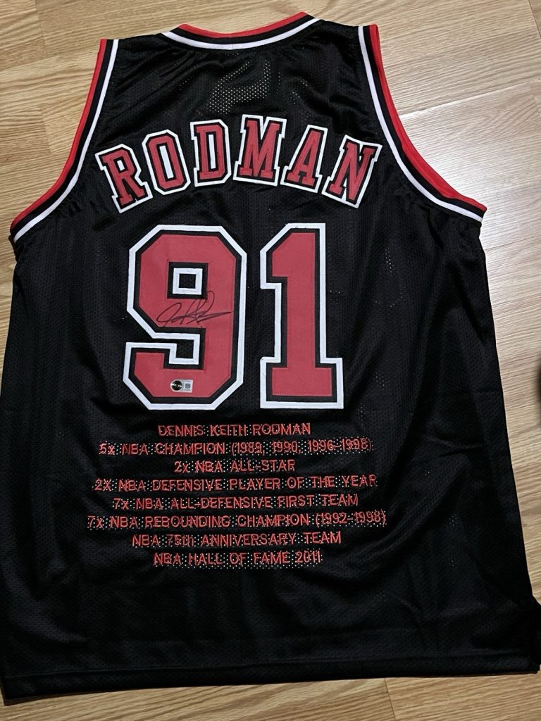 Chicago Bulls Dennis Rodman Signed Autographed Black Stat Jersey BAS COA HOF